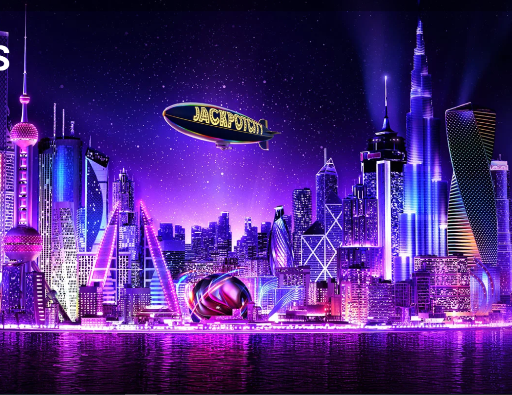 Jackpot City Casino Neon Skyline and Blimp